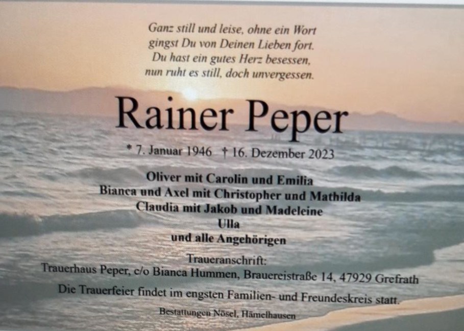 Traueranzeige Rainer Peper